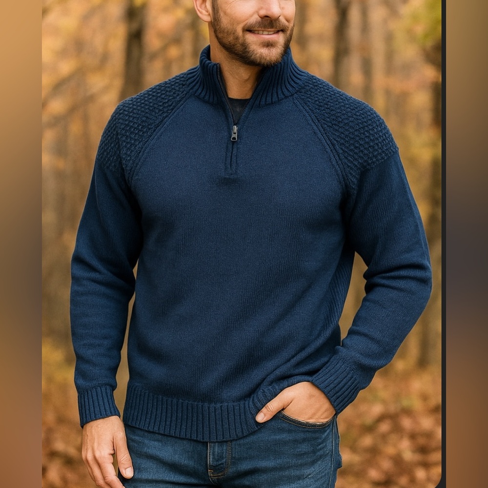 Weatherproof Vintage Men’s Large Navy Blue V-neck 1/4 Zip Pull Over Knit Sweater